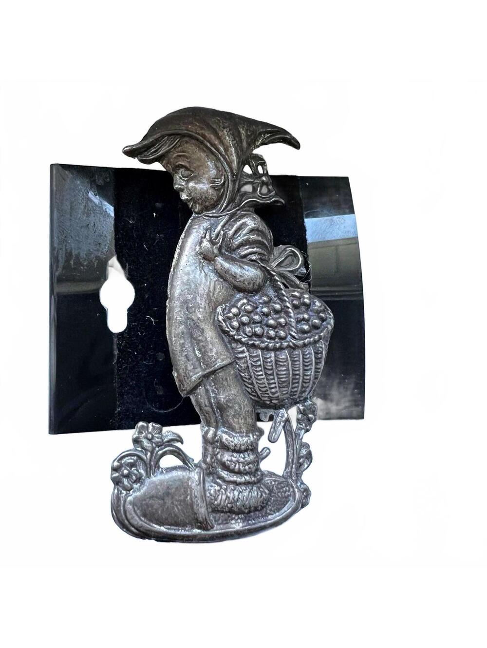 Vintage Hummel Pewter Brooch Pin Girl Wearing Kerchief With Fruit Basket 3" Tall